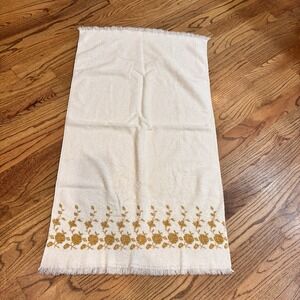 Vintage‎ Dundee White Bath Towel Gold Rose Embroidery Fringe Hollywood Regency